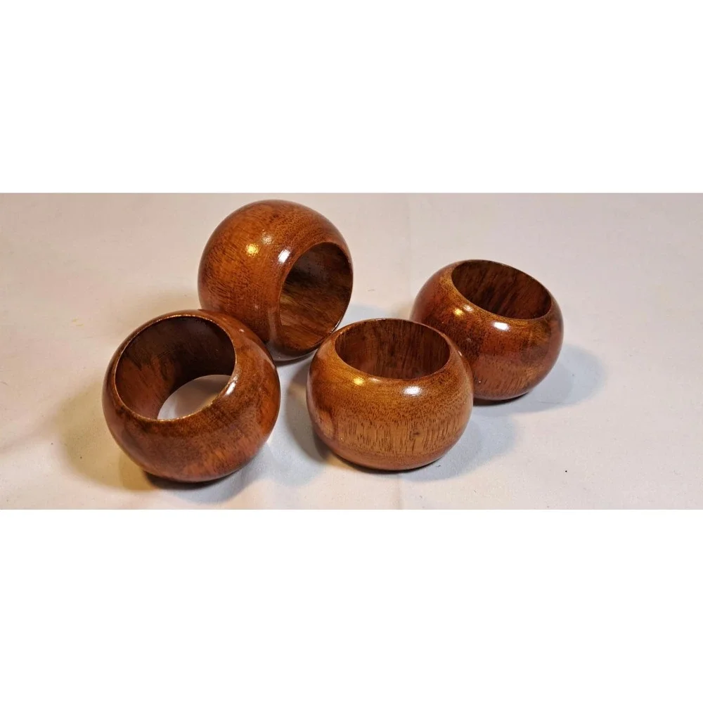 Vintage Mid Century Modern Polished Wood Napkin Rings Set of 4 Brown Round MCM